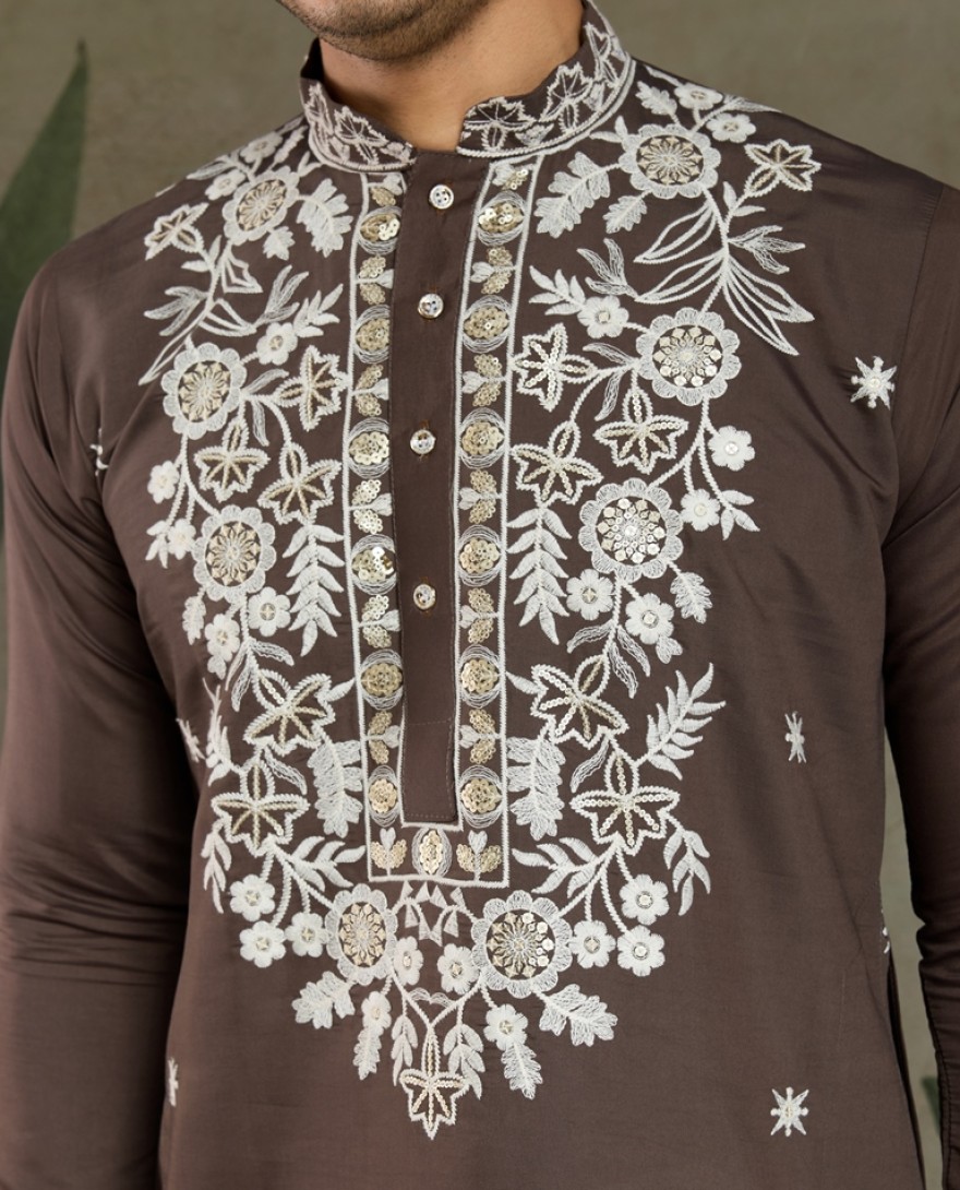 61322-brown - Brown Thread & Sequence Hand Embroidered Men’s Kurta Set